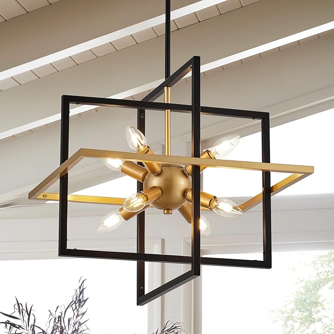 18.9'' Black Gold 8-Light Sputnik Chandelier Modern Industrial Adjustable Hanging Geometric Pendant Light Fixture for Entryway Foyer Stairway Hallway Bedroom Living Room Kitchen Island-CasaMuseHome