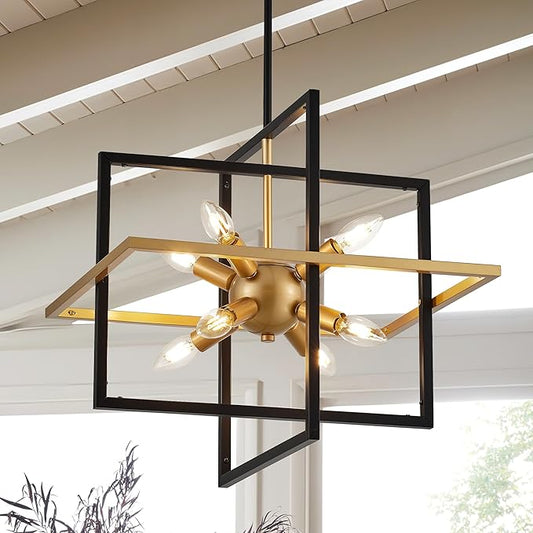 18.9'' Black Gold 8-Light Sputnik Chandelier Modern Industrial Adjustable Hanging Geometric Pendant Light Fixture for Entryway Foyer Stairway Hallway Bedroom Living Room Kitchen Island-CasaMuseHome
