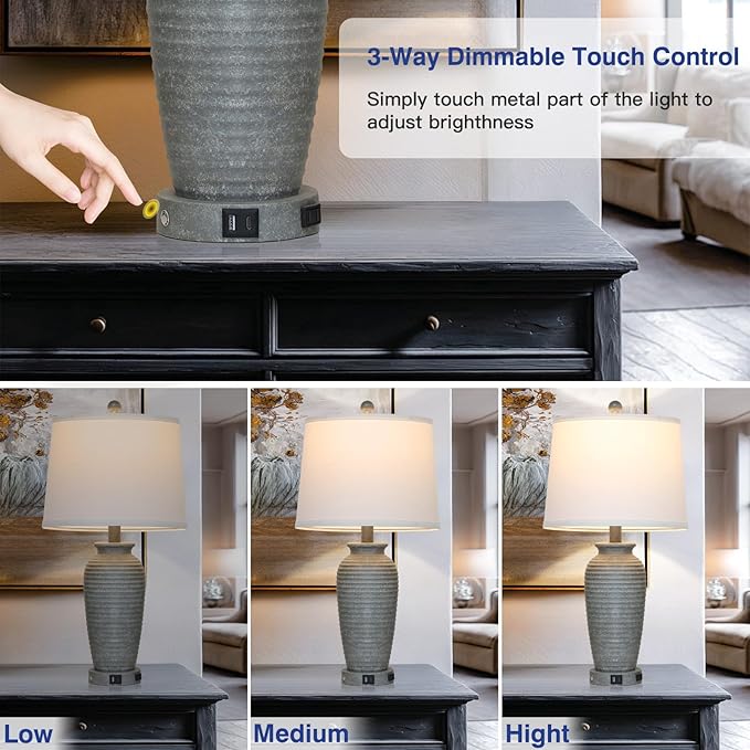 25" Grey Vintage Table Lamp Set of 2 Farmhouse Jar Table Lamps for Living Room，Touch Bedside Lamps with USB A+C Ports & AC Outlet, Pot Nightstand Lamps for Bedroom Living Room (LED Bulbs Included)-CasaMuseHome