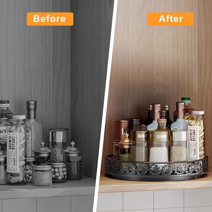10" Lazy Susan Organizer Turntable,360 Rotating Spice Rack Lazy Susan for Cabinet Dining Table Top Countertop Pantry Kitchen Cupboard Vanity Bathroom Refrigerator Black-CasaMuseHome