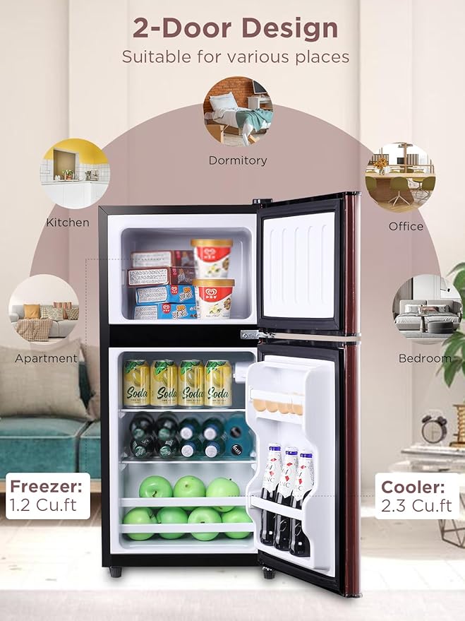 3.5 Cu.Ft Mini Fridge with Freezer, Compact Refrigerator with 2 Doors for Office, Kitchen, Dorm and Bedroom, Small Fridge with 7 Level Temp Adjustable Thermostat, Wood-CasaMuseHome