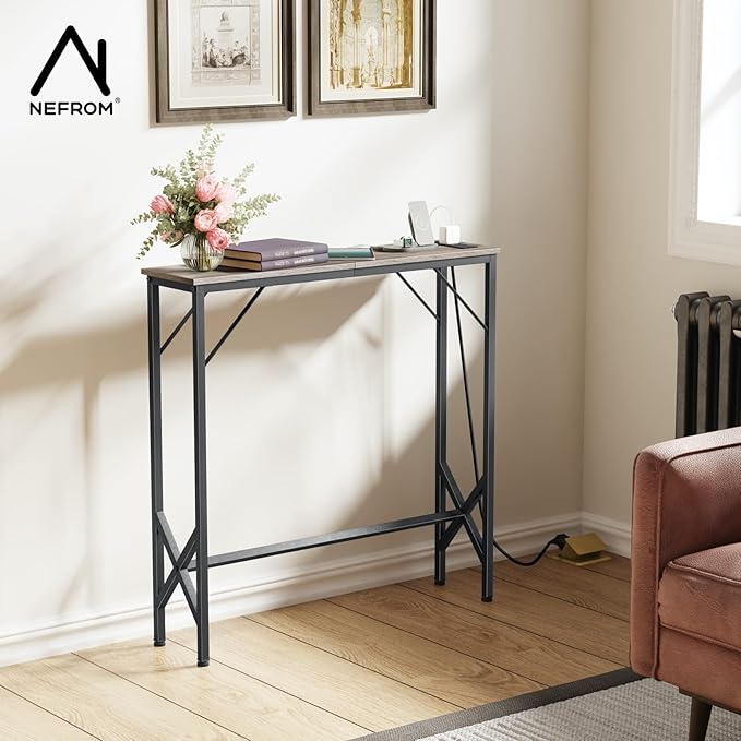 31.5‘’ Console Table, Skinny Entryway Table with Fast-Charging Station, Narrow Long Sofa Table, Behind Slim Couch Table for Entrance, Hallway, Living Room Decor ST-GY80-1-CasaMuseHome