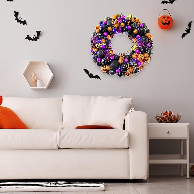17 Inch Halloween Ball Wreath for Front Door with Lights, Lighted Cute Treat-or-Trick Door Wreath Ball Ornament for Halloween Indoor Decorations Centerpiece Party Holiday Wall Home Decor-CasaMuseHome