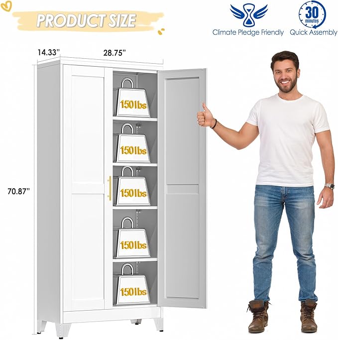 71" Tall Metal Storage Cabinet with 2 Doors and 4 Adjustable Shelves, Kitchen Pantry Cabinet White Freestanding Cupboard, 5 Tier Multifunctional Steel Storage for Office, Kitchen, Dining Room-CasaMuseHome