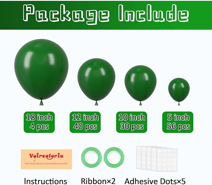 130pcs Dark Green Balloons Different Sizes 18" 12" 10" 5" Hunter Green Balloons for Birthday Dinosaur Baby Shower St. Patrick's Day Summer Jungle Forest Safari Party Decorations-CasaMuseHome