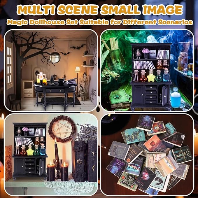 56 Pcs Halloween Miniatures Decorations 1:12 Scale Magic House Accessories Mini Wooden Bookshelf Furniture Set Tiny Sorcery Bottles Books Desk Chair Witch Hat Dollhouse Decor-CasaMuseHome