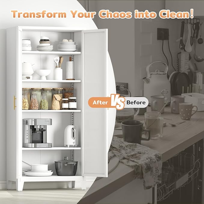 70.87" H Metal Kitchen Pantry Cabinet, Freestanding Cupboard with 2 Doors and 4 Adjustable Shelves, Tall Metal Storage Cabinet for Kitchen, Bathroom, Dinning Room or Laundry Room （White）-CasaMuseHome