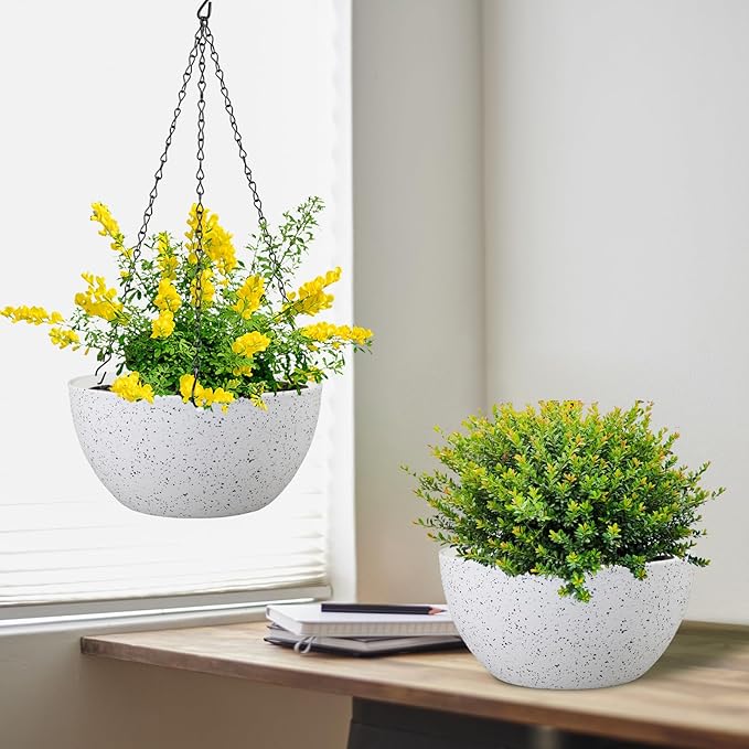 8 inch Hanging Planters for Small Indoor Outdoor Plants, 2 Pack Hanging Flower Pots with Drainage Holes and Chain for Garden Porch, Plastic Hanging Baskets for House Plants, Speckled White-CasaMuseHome