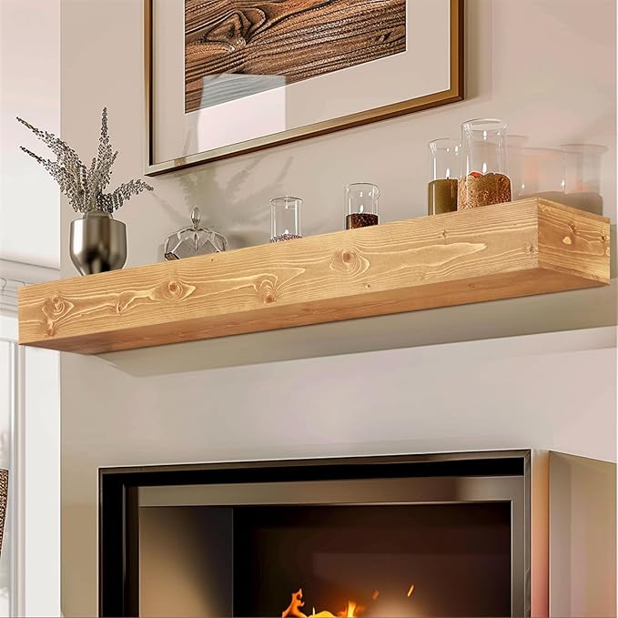56x8x5 Fireplace Mantel - Handcrafted Rustic Solid Wood Wall Mounted Floating Shelf-CasaMuseHome
