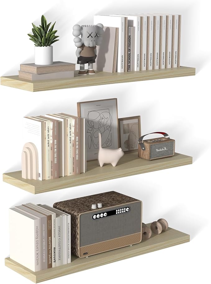 40 Inch Floating Shelf 3 Pack Large Floating Shelves for Wall No Drilling Accessories Included Deep Wall Shelves for Living Room Kitchen Farmhouse 40" W x 12" D x 1.2" Oak-CasaMuseHome