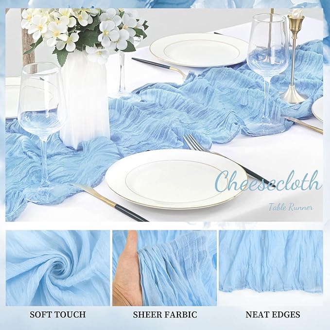 20 Pack Baby Blue Cheesecloth Table Runner 20 x 120 Inch Long Rustic Gauze Cheese Cloth Table Runner for Wedding 10FT Bridal Baby Shower Table Decorations Boho Fabric Sheer Birthday Party Table Decor-CasaMuseHome