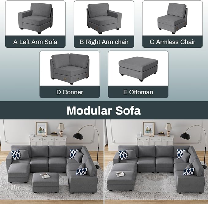 L Lengend Vansen Modular Sectional Sofa U Shaped Couch with Ottoman Modern Reversible Corner Sectional Couch for Living Room (Dark Grey, U Shaped Sofa-3)-CasaMuseHome