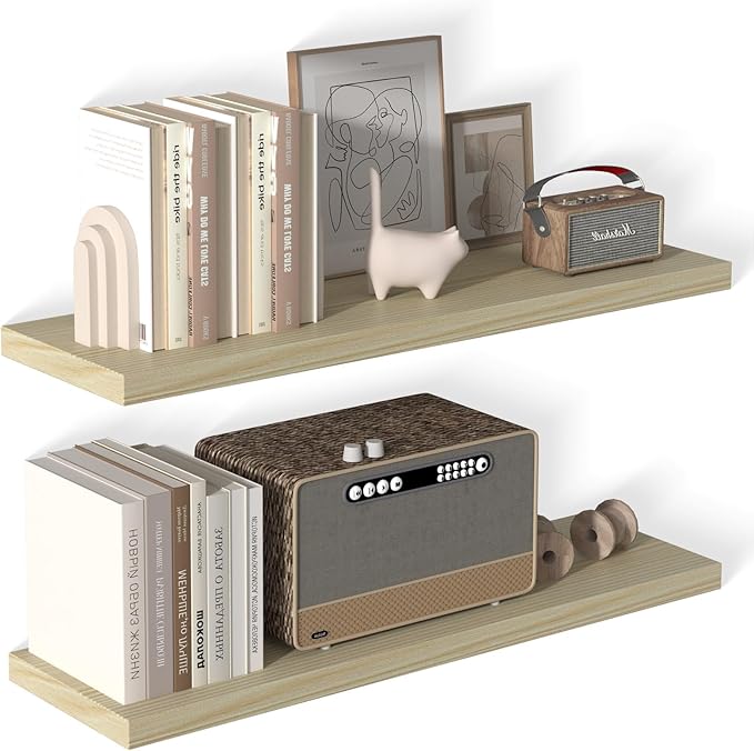 40 Inch Floating Shelf 2 Pack Large Floating Shelves for Wall No Drilling Accessories Included Deep Wall Shelves for Living Room Kitchen Farmhouse 40" W x 12" D x 1.2" Oak-CasaMuseHome