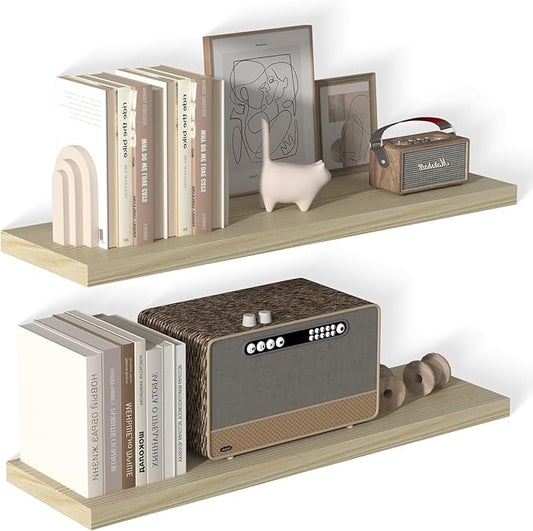 40 Inch Floating Shelf 2 Pack Large Floating Shelves for Wall No Drilling Accessories Included Deep Wall Shelves for Living Room Kitchen Farmhouse 40" W x 12" D x 1.2" Oak-CasaMuseHome