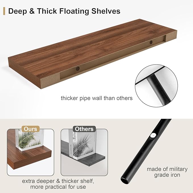12" Deep Walnut Floating Shelves,Over Toilet Long Wall Mounted Modern Farmhouse 36 inches,Wall Shelves with Invisible Brackets for Bedroom, Bathroom, Living Room, Kitchen, Set of 1-CasaMuseHome