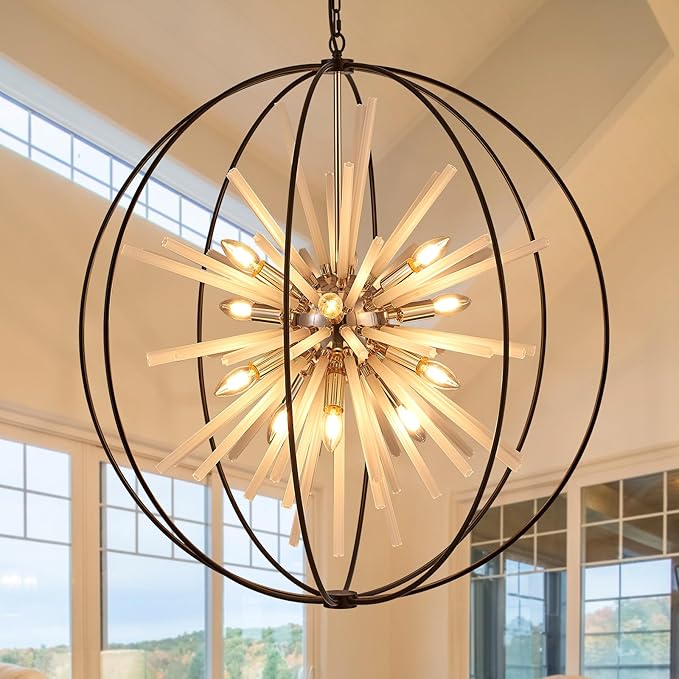 31.5" Black Gold 16-Light Globe Sputnik Chandelier Modern Industrial Adjustable Hanging Ceiling Pendant Light Fixture for Entryway Foyer Stairway Dining Living Room Hallway-CasaMuseHome