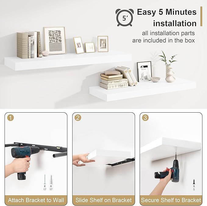 12" Deep White Floating Shelves,Over Toilet Long Wall Mounted Modern Farmhouse 36 inches,Wall Shelves with Invisible Brackets for Bedroom, Bathroom, Living Room, Kitchen, Set of 1-CasaMuseHome