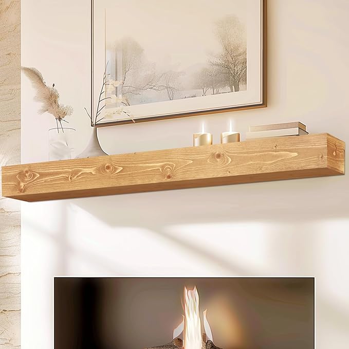 72x8x5 Fireplace Mantel - Handcrafted Rustic Solid Wood Wall Mounted Floating Shelf with Invisible Heavy Duty Wood Bracket (Natural)-CasaMuseHome
