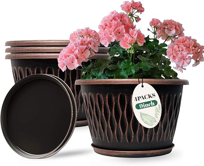 4 Pack 9 Inch Retro Plant Pots, Vintage Striped Flower Pots with Drainage Hole & Saucer, Large Plastic Planters for Indoor and Outdoor Plants, Decorative Garden Pots(Copper)-CasaMuseHome