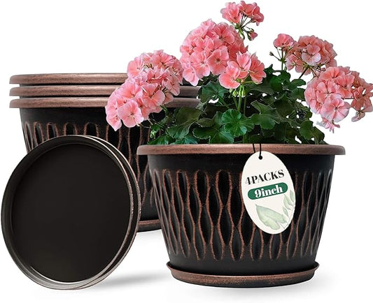 4 Pack 9 Inch Retro Plant Pots, Vintage Striped Flower Pots with Drainage Hole & Saucer, Large Plastic Planters for Indoor and Outdoor Plants, Decorative Garden Pots(Copper)-CasaMuseHome