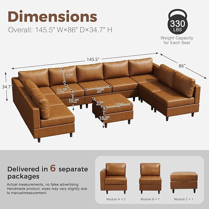 ABCASA Oversized 145.5" Faux Leather Modular Sectional Sofa, Modern Large 10 Seater U Shaped Couch with Storage Seat with Reversible Chaise Deep Seat for Living Room DIY Combination - Brown-CasaMuseHome
