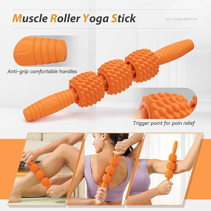 5 in1 Foam Roller Set, Trigger Point Foam Roller, Massage Roller Stick, Massage Ball, Resistance Band for Deep Muscle Massage Pilates Yoga,Fitness Exercise for Whole Body (Pure Orange)-CasaMuseHome