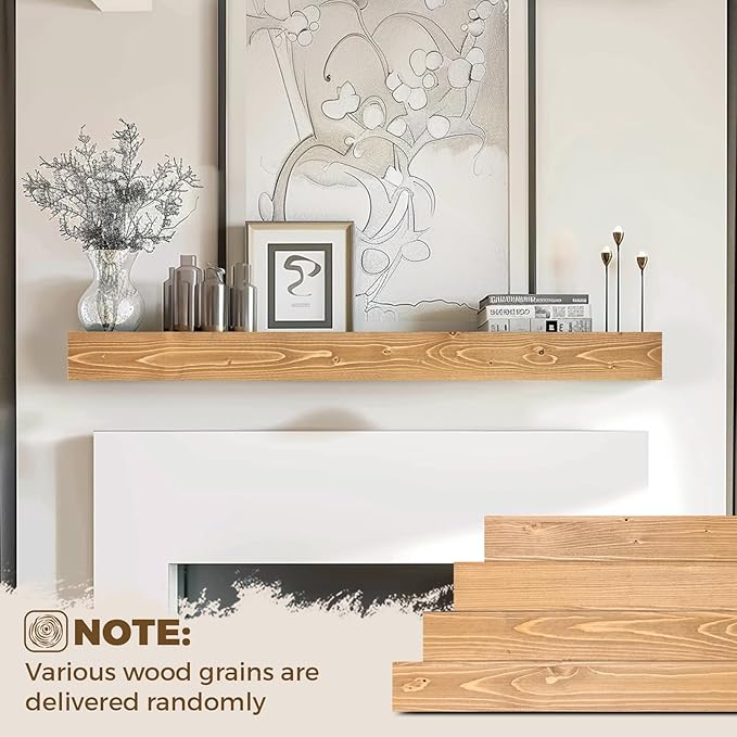 48x8x3 Fireplace Mantel - Handcrafted Hollow Rustic Solid Wood Wall Mounted Floating Shelf with Invisible Heavy Duty Wood Bracket (Natural Wood)-CasaMuseHome