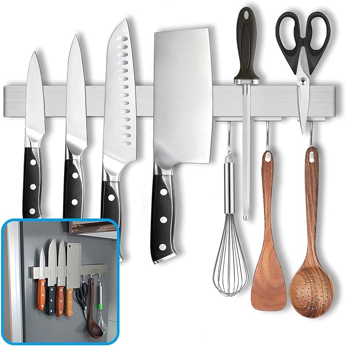 16 Inch Magnetic Knife Holder for Refrigerator - Knife Magnetic Strip for Fridge with Magnetic Hooks - Double Sided Magnetic Knife Bar - Stainless Steel Kitchen Magnetic Knife Hanger Rack-CasaMuseHome