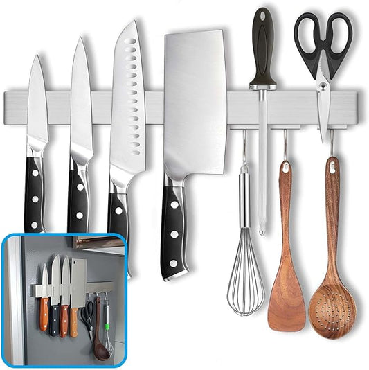 16 Inch Magnetic Knife Holder for Refrigerator - Knife Magnetic Strip for Fridge with Magnetic Hooks - Double Sided Magnetic Knife Bar - Stainless Steel Kitchen Magnetic Knife Hanger Rack-CasaMuseHome