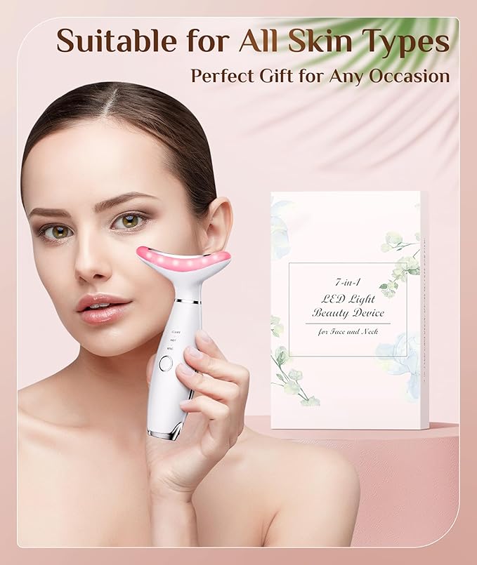 7 Color Galvanic Machines - Red Light Therapy for Face and Neck, Face Massager Tool for Wrinkles, Double Chin, Vibrating Facial Massager with Thermals, White-CasaMuseHome