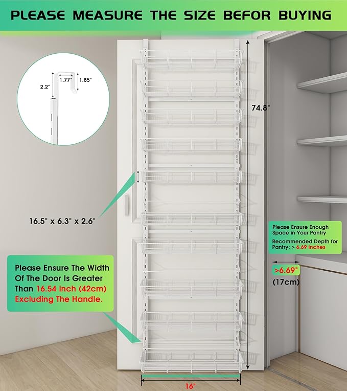 White 10-Tier Over The Door Pantry Organizer, Pantry Organization and Storage, Metal Hanging Adjustable Basket, Wall Spice Rack Seasoning Shelves, Home & Kitchen Essentials-CasaMuseHome