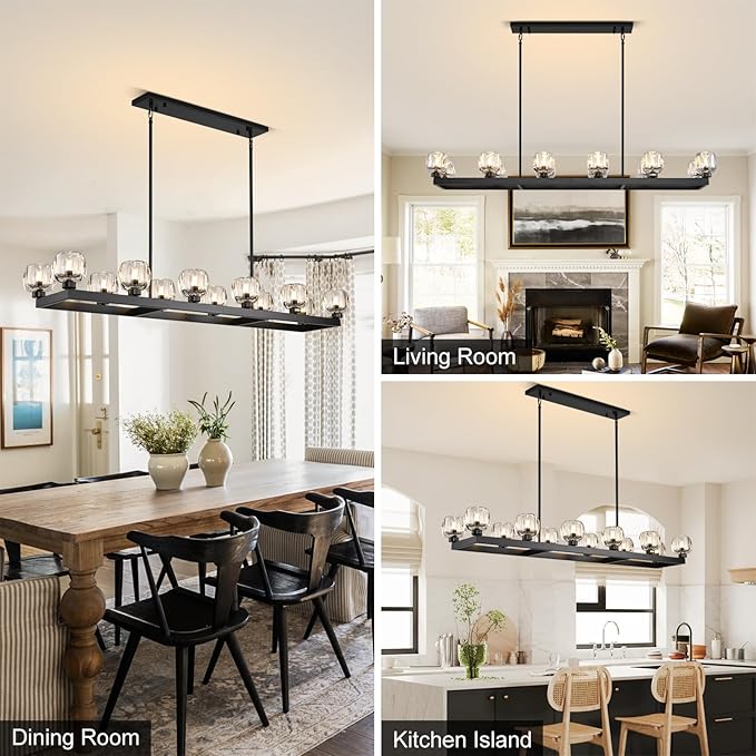 59 Inch Black Rectangle Wagon Wheel Chandeliers, Black Chandelier for Dining Room Over Table, Modern Crystal Long Chandelier, Farmhouse Large Linear Chandeliers for Kitchen Island-CasaMuseHome