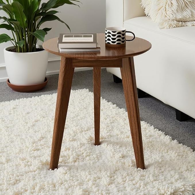 100% Solid Oak Round Side Table Set of 2, Small Bedside Table for Small Spaces, Living Room End Table with Stable Frame, Modern Nightstand for Bedroom Couch(Walnut, 17.71" D x 19.68" H)-CasaMuseHome