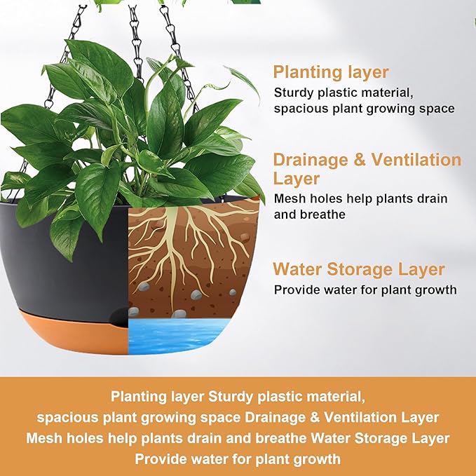 4 Pack Plastic Hanging pots for Plants Indoor,8 Inch Plant Pot Indoor Outdoor Hanging Baskets,Hanging Flower Pots with Drainage Holes and Chain for Garden Porch Plants(Black)-CasaMuseHome