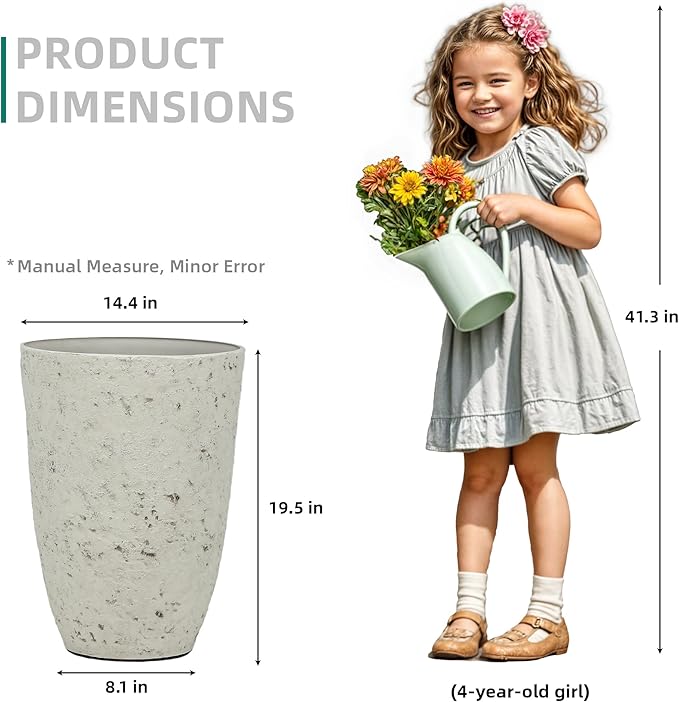 19.5" Resin Tall Planters for Outdoor Plants, Set of 2 Country White Large Flower Pots with Handmade Birch Bark Texture, Heavy-Duty and Weather-Resistant for Year Round Indoor Outdoor use-CasaMuseHome