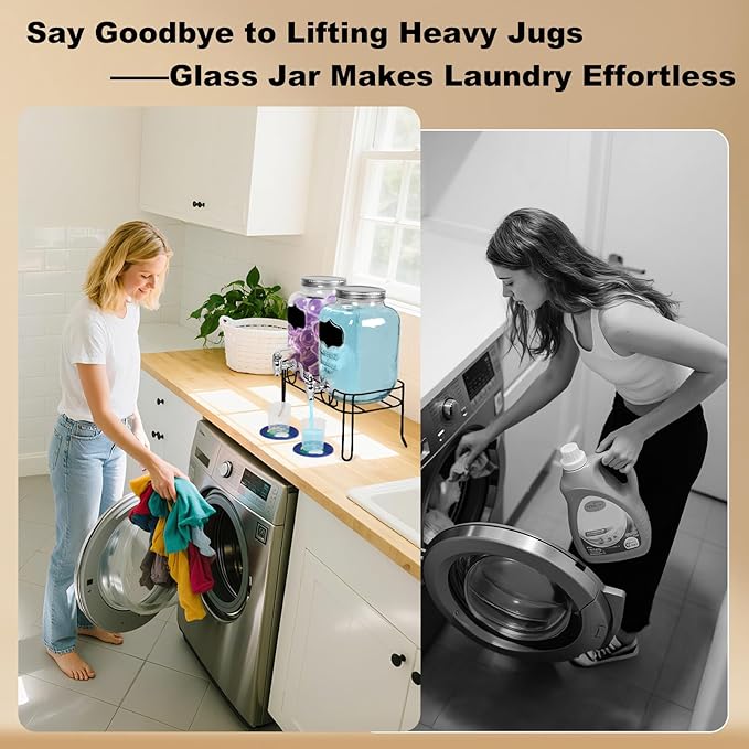 2-Pack 1 Gallon Glass Laundry Detergent Dispenser Set with Bamboo Lids and Stand - Liquid Soap and Fabric Softener Dispensers with Spigots, Cups, Labels and Mats, Laundry Room Organization and Storage-CasaMuseHome