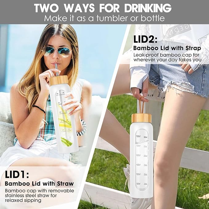 32 oz Glass Water Bottle with Straw - Motivational Time Marker & Silicone Sleeve - Reusable Tumbler Includes 2 Bamboo Lids & Fruit Infuser - 1 Pack-CasaMuseHome