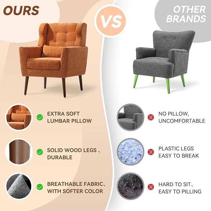 Accent Chair Set of 2, Upholstered Armchair with Pillow, Fabric Single Sofa Chair with Lounge Seat and Wood Legs Accent Chair for Living Room Small Spaces (Orange, Set of 2)-CasaMuseHome