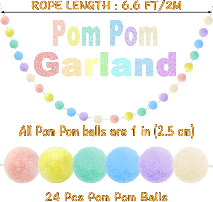 3pk Pastel Pom Pom Garland Easter Decorations Spring Home Decor Indoor Living Room Wall Classroom Xmas Tree, Cute Hanging Rainbow Colorful Felt Ball Garland Baby Shower Wedding Birthday Party Supplies-CasaMuseHome