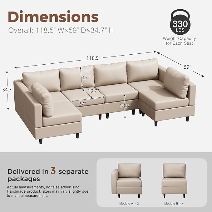 118.5" Faux Leather Modular Sectional Sofa with Storage Seat, Modern 6 Seater Couch Deep Seat with Removable Cover DIY Combination Whitesand-CasaMuseHome