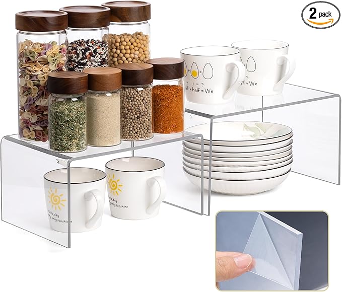 Acrylic Clear Kitchen Rack for Dishes, Spices Jars and Mugs, Kitchen Counter Cabinet Organizer, Clear Spice Rack Shelves, 5mm Thick, 2 Pack-CasaMuseHome