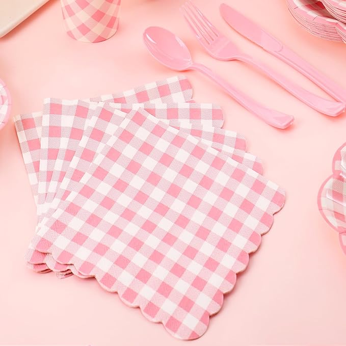 350 Pcs Pink Gingham Plates and Napkins Party Supplies - Pink and White Checkered Plates Sets Serve 50 Guests - Scalloped Gingham Paper Plate for Birthday Wedding Picnic Party Decorations-CasaMuseHome