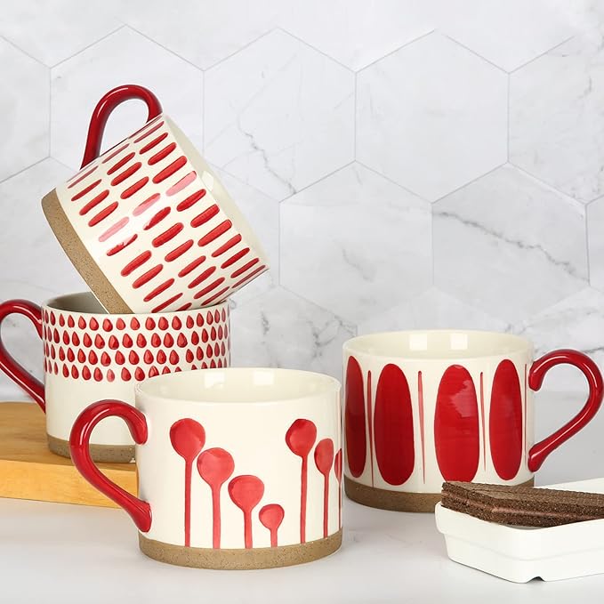 Koja Hand Painted 15 oz. Porcelain Ceramic Mugs Set. Service for 4. (Hand Painted - Red)-CasaMuseHome