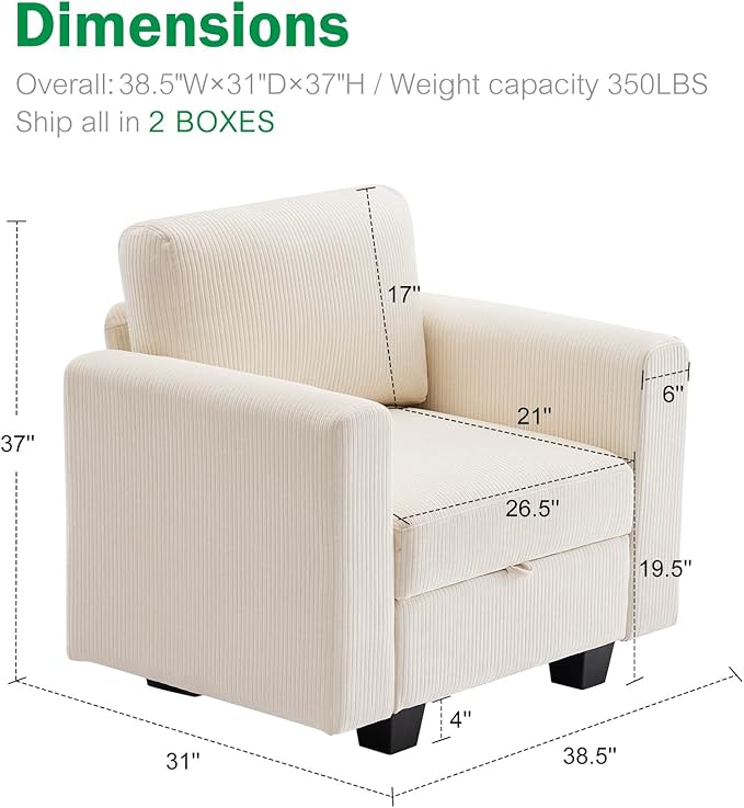 38.5 Oversized Accent Chair with Storage Ivory Corduroy Set of 2, Single Modern Accent Sofa with Arms Chair for Apartment Living Room (21" Deep Seat)-CasaMuseHome