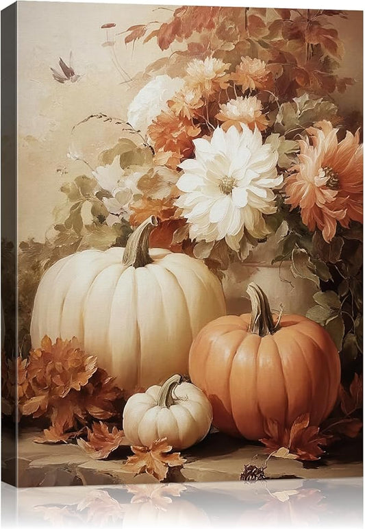 AbcCustomize Vintage Pumpkin Floral Wall Art Decor, Rustic Fall Daisy Flowers Canvas Print for Farmhouse Autumn Decor, Thanksgiving Decorations for Living Room Kitchen Dining Room, Ready to Hang-CasaMuseHome