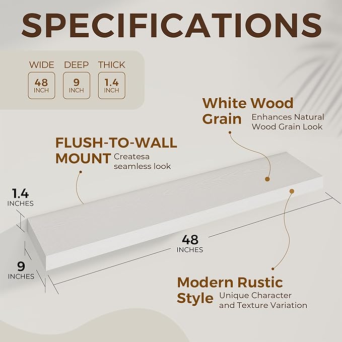 48 inch Floating Shelves for Wall Large Wall Mounted Shelves with Invisible Brackets, White Long Shelves for Bathroom, Living Room, Kitchen, Office, 48x9.1 inch deep Set of 2-CasaMuseHome