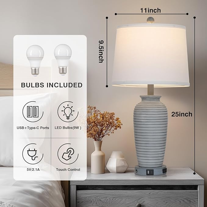 25" Farmhouse Jar Table Lamp Set of 2 Vintage Rustic Lamps for Living Room, Resin Bedside Nightstand Lamps with Linen Lampshades, Retro Pot Lamp for Living Room, Bedroom(LED Bulbs Included)-CasaMuseHome