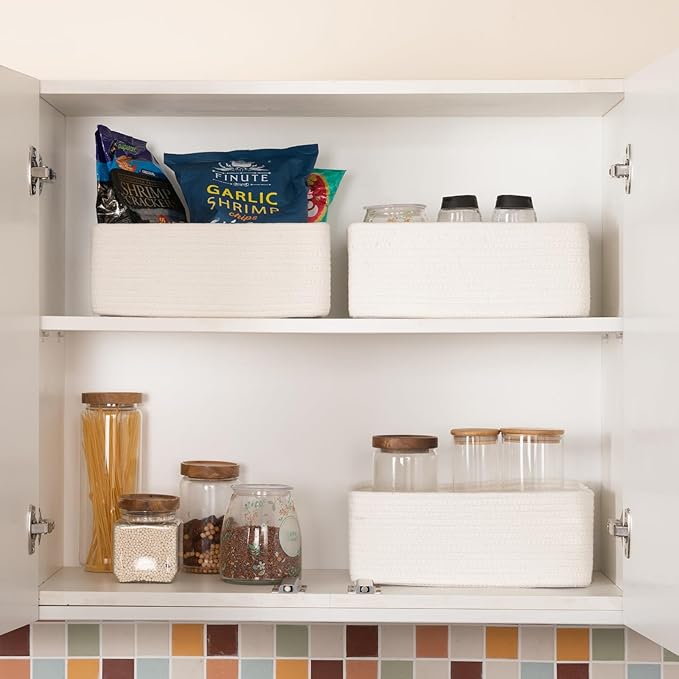 3 Pack Small Storage Baskets for Organizing, Cute Woven Decorative Gift Baskets for Shelves, Mini Closet Organizer Bins with Handles-13''Lx8.66''Wx5.11''H-White-CasaMuseHome