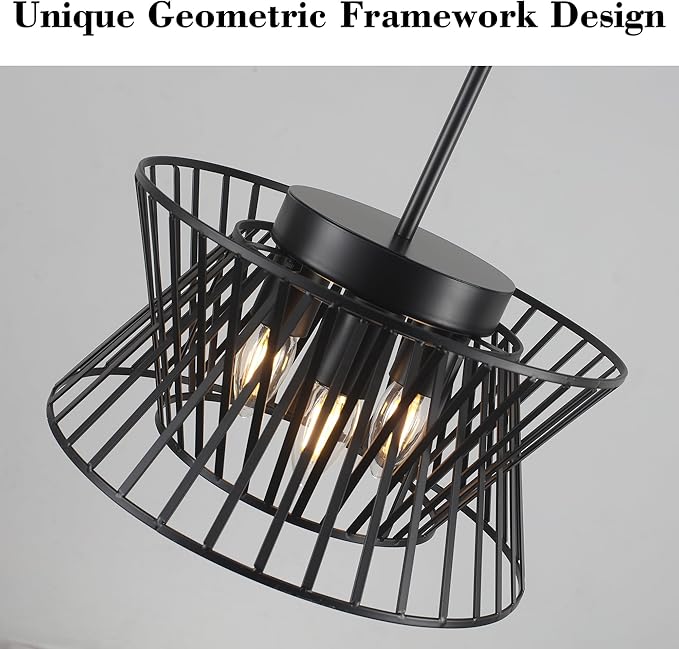3-Lights Black Pendant Light Vintage Geometric Chandelier Light Fixture Adjustable Metal Lighting Fixtures for Kitchen Room Dining Room Foyer-CasaMuseHome