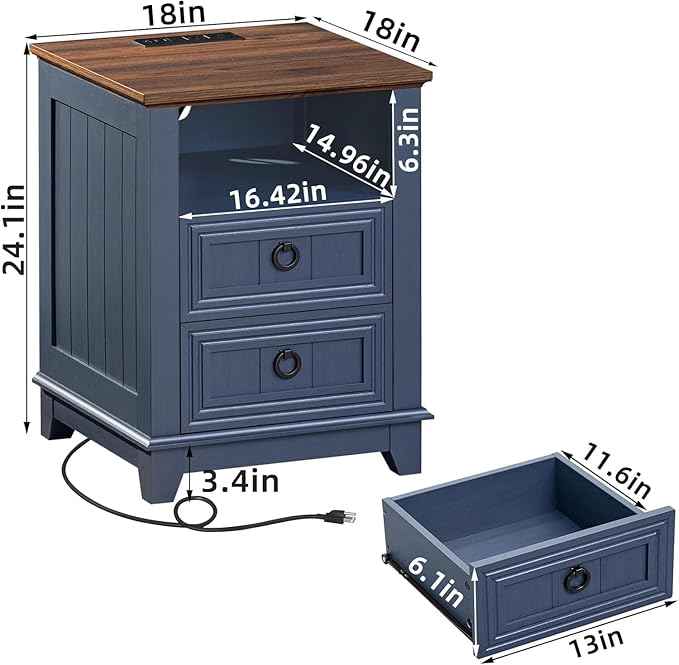 18" Farmhouse Night Stands Set of 2 with Charging Station, 2 & 3 Drawers End Table Dresser for Bedroom, Blue Wooden Nightstand, Bed Side Table with Open Shelf, Bedside Cabinet for Living Room-CasaMuseHome